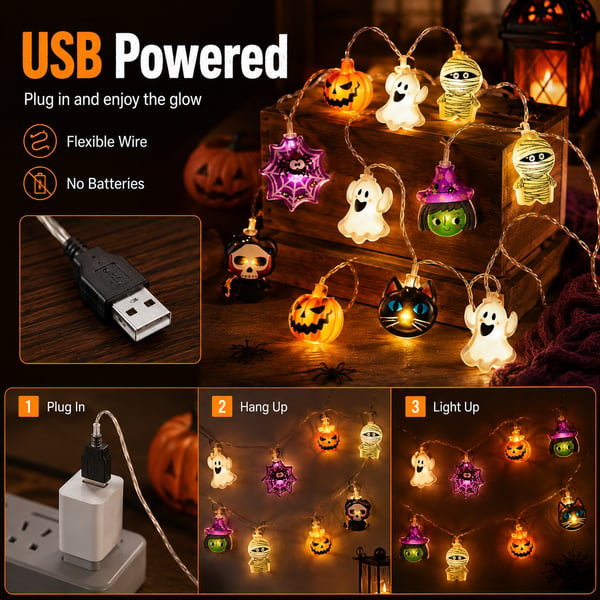 🎃 Halloween Decor Sale 49% OFF – USB Pumpkin, Witch & Ghost LED String Lights